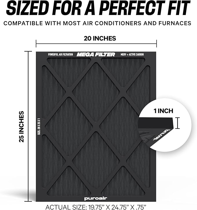 PuroAir Mega Filter - MERV 13 20x25x1 Air Filters For Home With Activated Carbon - Filters Allergens, Pet Dander, Smoke, Dust - Furnace and AC Filters - Air Filters 20x25x1 MERV 13 (4 Pack)