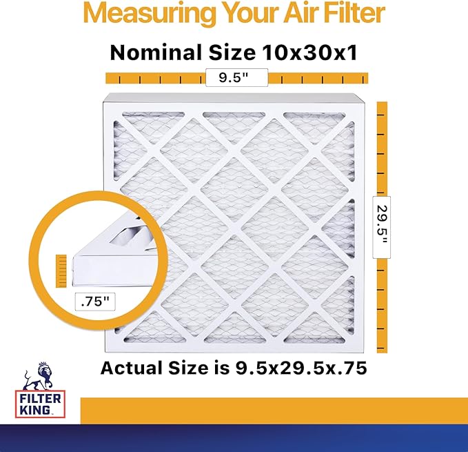 Filter King 10x30x1 Air Filter | 12-PACK | MERV 13 HVAC Pleated A/C Furnace Filters | MADE IN USA | Actual Size: 9.5 x 29.5 x .75"