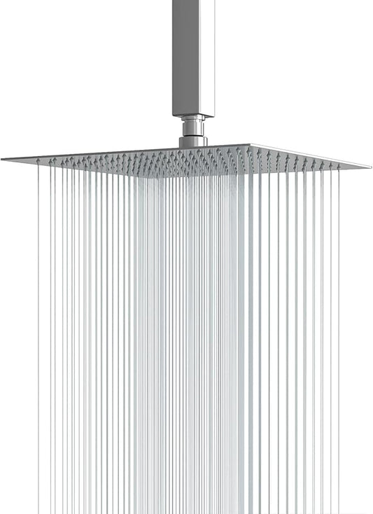 Lordear 16 Inch Rainfall Shower Head Solid Square Ultra Thin 304 Stainless Steel Polish Chrome Rain Shower Head Waterfall Full Body Coverage with Silicone Nozzle
