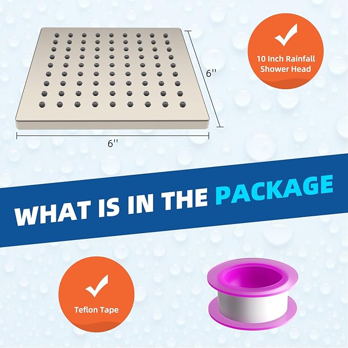 Hibbent Thickness Metal Rain Shower Head, 6'' High Pressure Rainfall Shower Head, Square Bathroom Waterfall Shower Heads, High Flow Fixed Showerheads with Adjustable Brass Ball Joint, Brushed Nickel