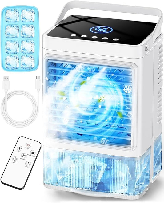 Small Air Conditioner w/ 3 Speeds&3 Modes, Remote, 1100ML Tank Humidifier, 8-Cube Ice Tray, 120° Oscillating, 4 IN 1 Portable Air Conditioners, 7-Color Light, 4H Timer Desk AC Unit for Bedroom