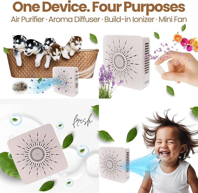 Portable Desktop Air Purifier & Fan Combo with HEPA Filter, Aroma & Ionizer – Compact Yet Powerful 3-Speed Air Cleaner for True Purification in Bedroom, Office, Travel & Gifts (White)