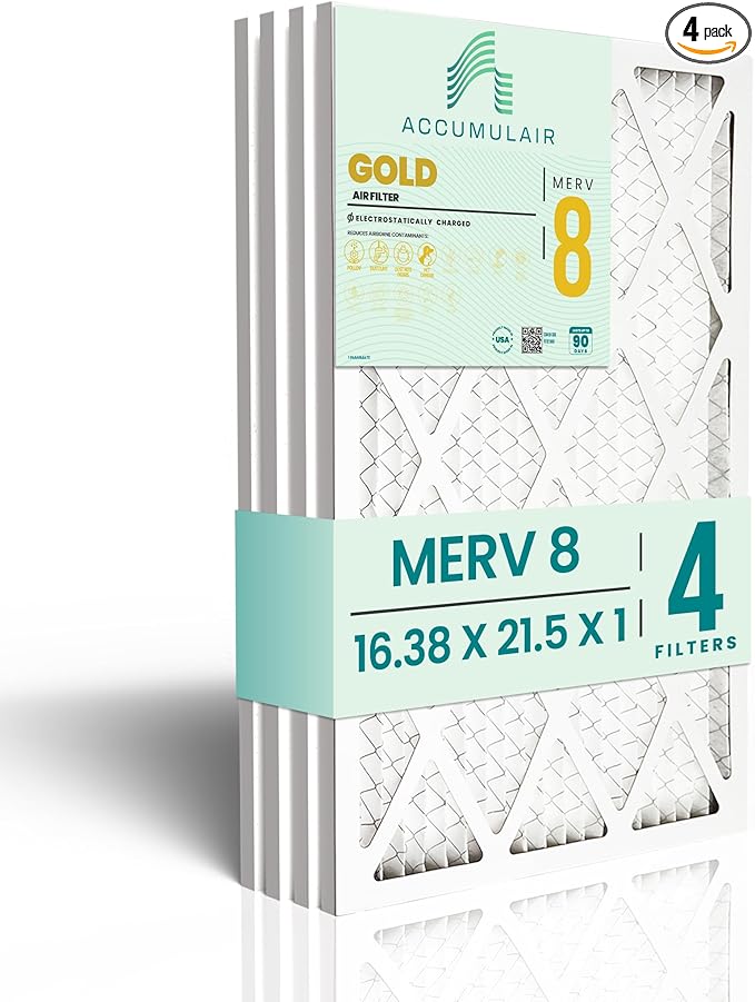 Accumulair Gold 16.38x21.5x1 MERV 8 HVAC Air Filter (4-Pack) | Replacement Air Filter for AC and Furnace | Made in USA | Actual Size 16.38 x 21.5 x 0.75