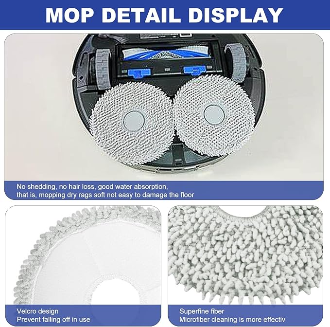 Replacement Accessories Parts Compatible with ECOVACS DEEBOT T30S/ T30s AI/ T30 Care Robot Vacuum Cleaner.（2 Main Brush,6 Side Brushes,6 Hepa Filters,8 Mop Pads,6 dust Bags）