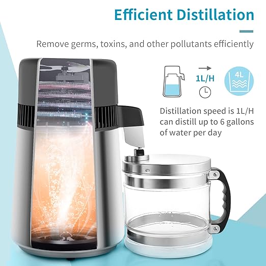 ROVSUN【Upgraded】 1.1 Gallon/4L Water Distiller Stainless Steel for Home, 750W Distilled Water Maker Machine, Water Distillers Countertop, Water Maker Purifier with Glass Container, 1L/H