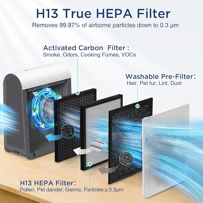 Air Purifiers for Home Large Room Up to 2590 ft² with PM 2.5 Display Air Quality Sensor, DBFIT H13 HEPA Air Purifier with Washable Filter, Auto Mode, Air Cleaner for Smoke Dust Pollen Pets Hair Odor