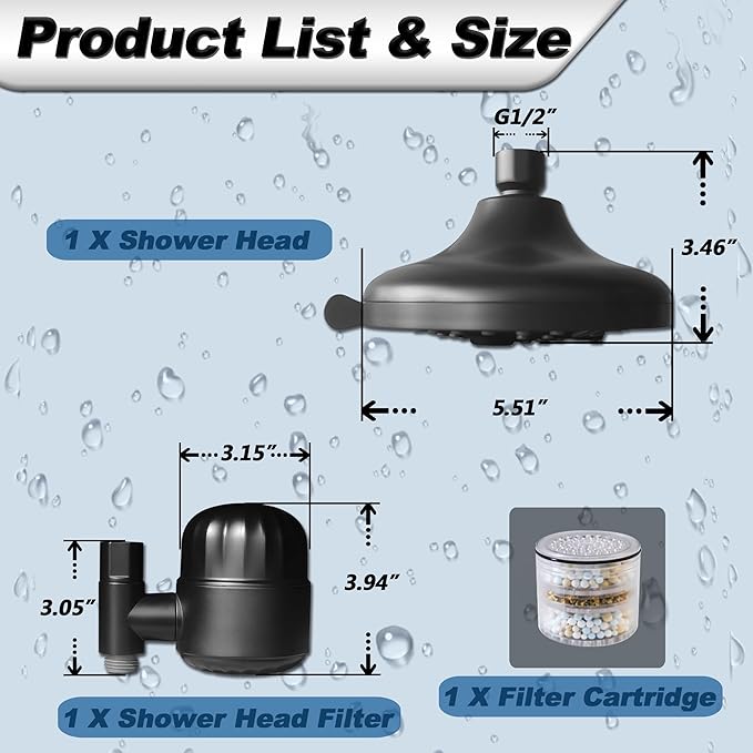 6 Inch Shower Head with Filter - 9 Spray Modes Fixed Water Saving Shower Heads with 2.5 GPM Restrictor, Hard Water Filtering Shower Head to Remove Toxic Chemicals, Matte Black