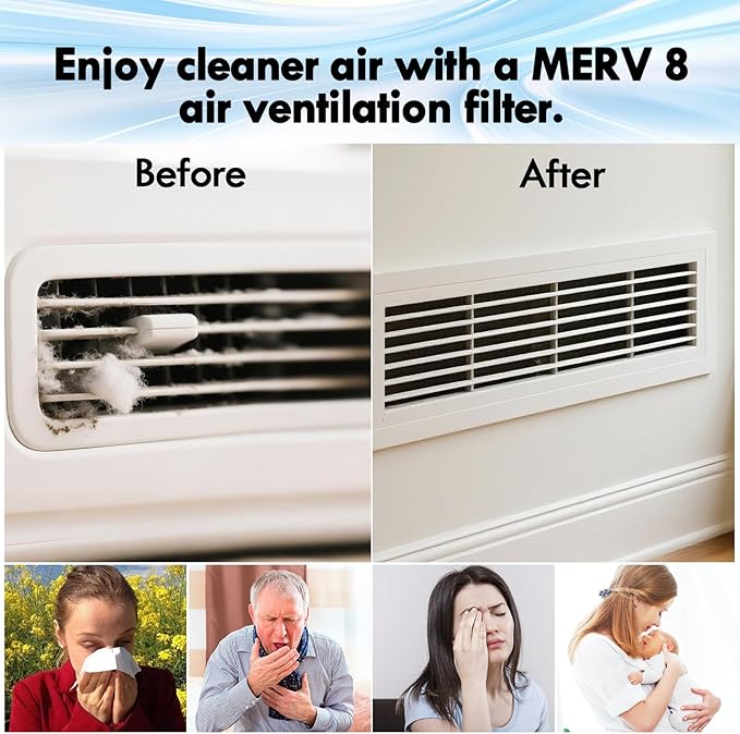 2PCS 12 x 140" Air Vent Filters, Cut-to-Size MERV 8 Filter Material, Triple Layer HVAC Furnace Vent Filters for Home, Floor, Ceiling, Grilles - Includes 48PCS Adhesive Hook Tape.