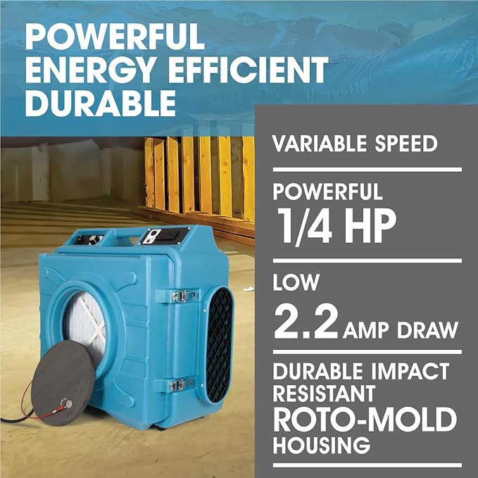 HEPA Air Scrubber with GFCI Outlets for Daisy Chain | 1/4 HP, 675 CFM, 2.2A | Water Damage Restoration, Grow Rooms | PA-600-HAS | Blue