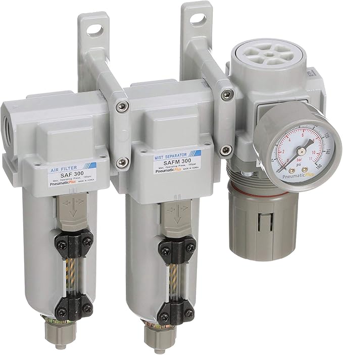 PneumaticPlus SAU330-N03G-MEP Three Stage Compressed Air Drying System - Particulate Air Filter, Coalescing Filter, Air Pressure Regulator Combo 3/8" NPT - Metal Bowl, Manual Drain, Gauge
