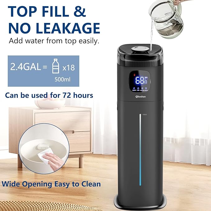 Large Humidifier for Bedroom, 9L/2.5Gal Ultrasonic Cool Mist, Easy Clean with 350ML/H Large Mist Speed, Remote control, Quiet Tower, Suitable for Kids Room Plant Yoga Study Room Office (Black)