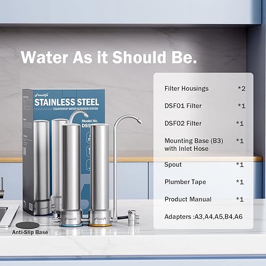 Frizzlife DS99 Countertop Water Filter System, 8-Stage Stainless Steel Water Filter for Sink Faucet, 0.5 Micron NSF Certified Elements Reduces 99.99% Lead, Chlorine, Heavy Metals, Bad Taste & Odor