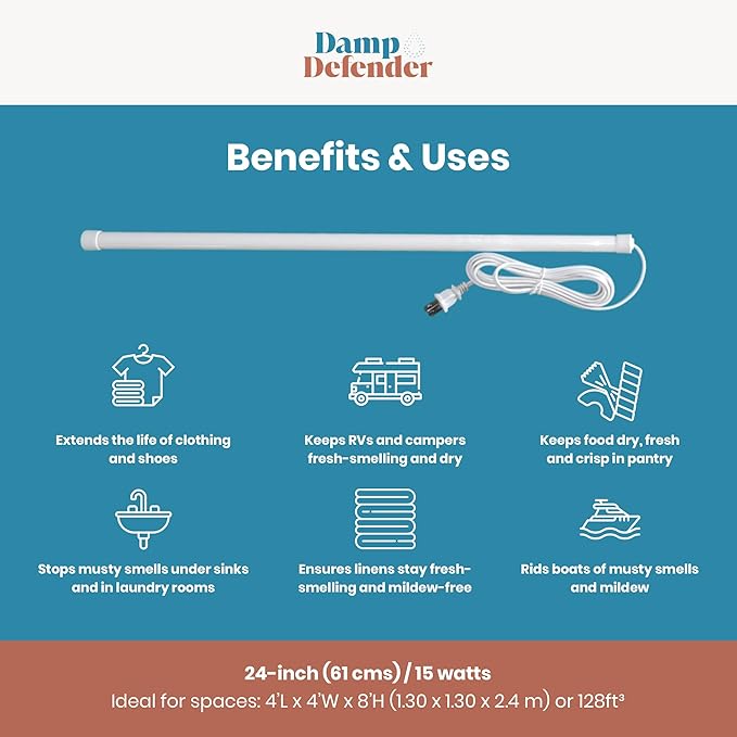 Damp Defender by Dampp-Chaser (24 Inches, White) – Compact Dehumidifier for Humidity Control in Closets, Bathrooms, Kitchens, RVs, and Boats