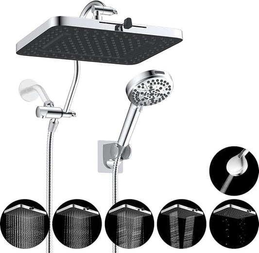 Hibbent Upgraded 5-spray 13'' Shower Head, High Pressure Rainfall Shower Head, Dual Showerhead Combo with 10-mode Handheld Spray, 12'' Adjustable Extension Arm, 71'' Hose, Showerhead Holder, Chrome