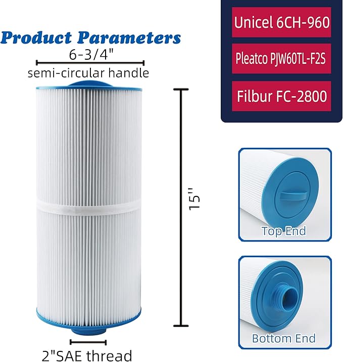 Spa Filter 6CH-960 Replaces Jacuzzi Filters J-300 J-400, Unicel 6CH-960, Pleatco PJW60TL-F2S, Filbur FC-2800, 6540-476, 6540-383, Hot Tub Filter with Closed Handle(Not be Removed)- 2 Pack