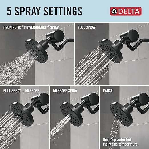 Delta Faucet 5-Setting H2Okinetic Shower Head Matte Black with Clarifi Premium Shower Filter Attachment with Filter