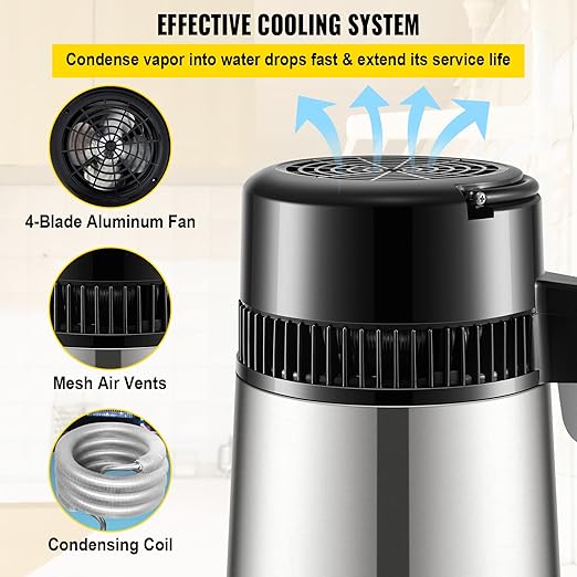 VEVOR Water Distiller, 304 Stainless Steel Countertop Water Stiller, 0.3Gal/H, 0-99H Timing Dual Temp Display, 1.1Gal Distilled Water Maker Machine, Glass Carafe, 3 Carbon Bags, Citric Acid Powder