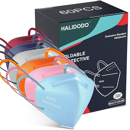 HALIDODO 60 Packs Individually Wrapped KN95 Face Mask 5-Ply Breathable & Comfortable Filter Safety Mask with Elastic Ear loop and Nose Bridge Clip, Protective Face Cover Mask, Multi Color