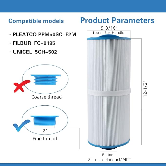 5CH-502 Replaces Marquis Spa Filter, Compatible with PPM50SC-F2M, FC-0195, Marqui spa 20041, 20091, 370-0237 2" Male Fine Thread 50 sq.ft. C-5303 Model Hot Tub Filter 2 Pack