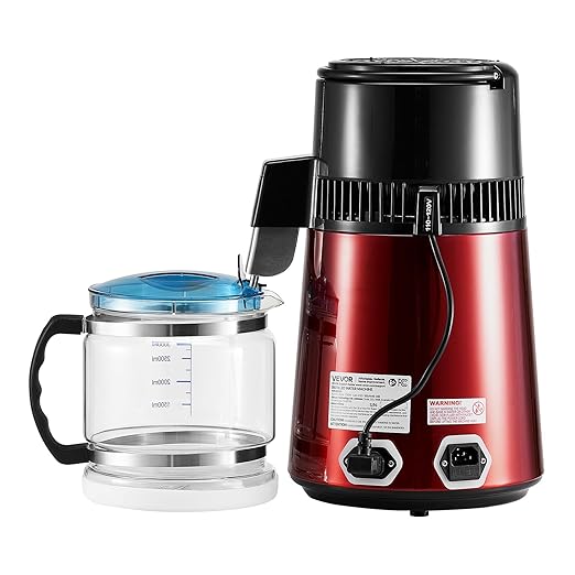 VEVOR Water Distiller, 4L 1.1 Gallon Pure Water Purifier Filter for Home Table Countertop, 1750W Distilled Maker with Glass Pot, Stainless Steel Interior Drinking Machine to Make Clean Waters, Red