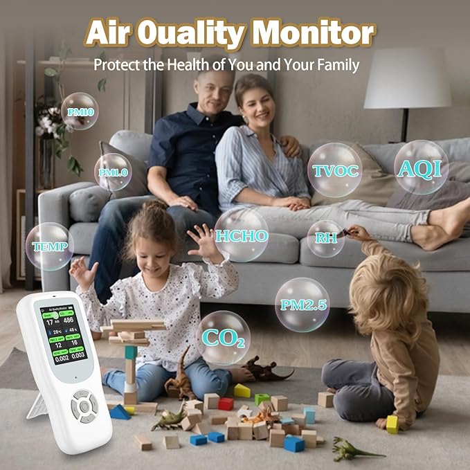 11-in-1 Air Quality Monitor - Portable Indoor Air Quality Detector with Stand, Real-Time Test for AQI, CO2, PM2.5, PM1.0, PM10, TVOC, HCHO, Particles, Temperature & Humidity with Aler (White-Black)