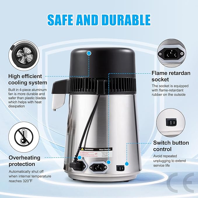 DC House Distilled Water Machine 1 Gallon, Stainless Steel Water Distiller for Home Countertop 110V 750W Purifier for Humidifier Office CPAP with Smart Switch, Glass Pot