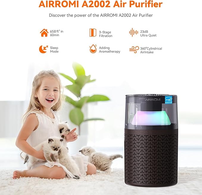 AIRROMI Air Purifiers for Bedroom Home,Up to 658 Ft²,Activated Carbon Filter Cleaner,With Fragrance Sponge for Better Sleep,Night Light,Pet Dander,Allergies,Smoke,Odor,Desktop Air Cleaner A2002 Brown