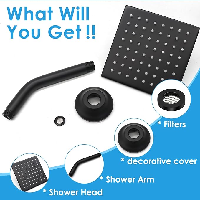 6 Inch Square Shower Head Black Stainless Steel High Pressure Rain Shower Heads with Extension Arm Adjustable Angle Replacement Shower Head for Modern Bathroom (Square, Black)