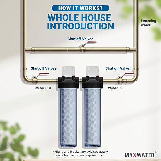 Max Water Whole House 20" x4.5" Purple Clear WH Water Filter Housing 1 inch Inlet/Outlet Ports with Wrench and Bracket (2 Housing)