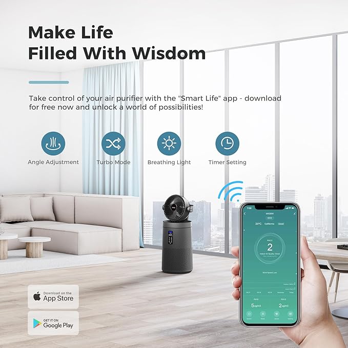 AROEVE Air Purifiers Fan for Home Large Room With 2-In-1 Air Circulator Fan System And Smart WIFI Cover 1980 Sq.Ft Oscillating Air Purifier With Washable Filter For Indoor Whole Home, MK08W-Space Gray