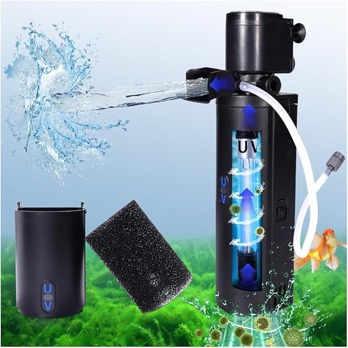 Dual-Chamber U-V Aquarium Filter, 4-in-1 Submersible Fish Tank Filter for 20-75 Gal Turtle Tanks, Ultra-Silent Green Clean Machine with Filtration, Wave Making & Oxygenation