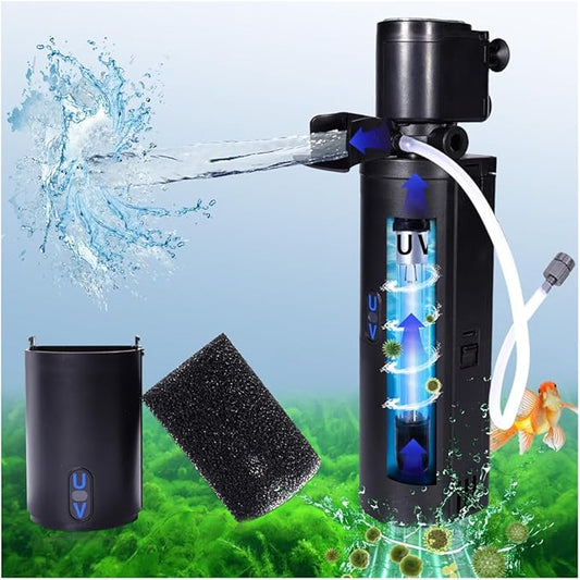 Dual-Chamber U-V Aquarium Filter, 4-in-1 Submersible Fish Tank Filter for 20-75 Gal Turtle Tanks, Ultra-Silent Green Clean Machine with Filtration, Wave Making & Oxygenation