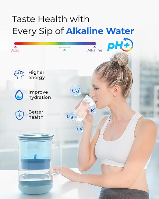 Waterdrop Large Glass Alkaline Water Filter Pitcher with 1 Filter, Enhances Alkaline Water, Eco-Friendly, 10-Cup, for Home and Office, Reduces PFOA/PFOS, Chlorine, Cadmium, Copper, Mercury, Blue