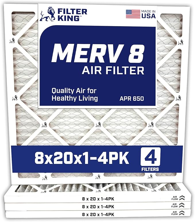 Filter King 8x20x1 Air Filter | 4-PACK | MERV 8 HVAC Pleated A/C Furnace Filters | MADE IN USA | Actual Size: 8 x 20 x .75"