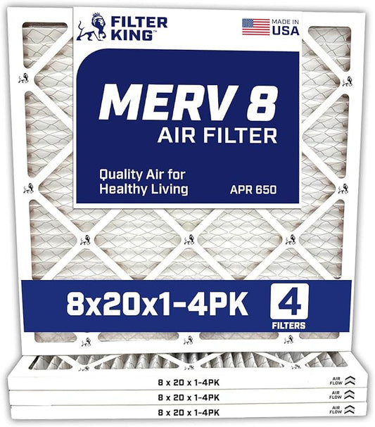 Filter King 8x20x1 Air Filter | 4-PACK | MERV 8 HVAC Pleated A/C Furnace Filters | MADE IN USA | Actual Size: 8 x 20 x .75"