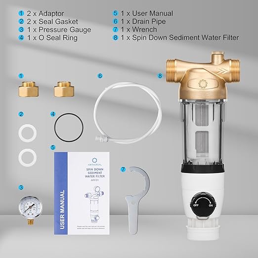 Airthereal Spin Down Water Sediment Filter, Pre-Filtration System for Whole Home, Water Filter for City and Well Water, 40 Micron Reusable Sediment Backwash Filter with 1" MNPT + 3/4" FNPT Connector