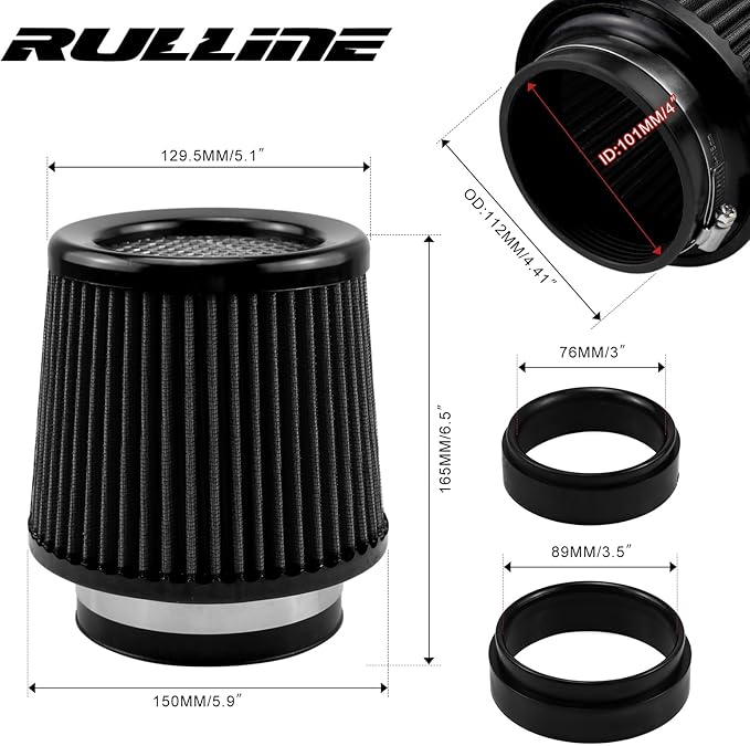 RULLINE 76mm 89mm 102mm Air Filter 3" 3.5" 4" Cold Air Intake Universal Clamp-On Air Filter Three Different Size High Flow Round Tapered Cone Cool Cleaner Black