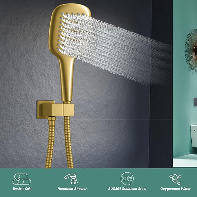 Brushed Gold Shower Head Sprayer with 59 Inch Hose And Bracket Wall Mount Handheld Showerheads SUS304 Stainless Steel Handheld Shower Wand Single Function Shower Set