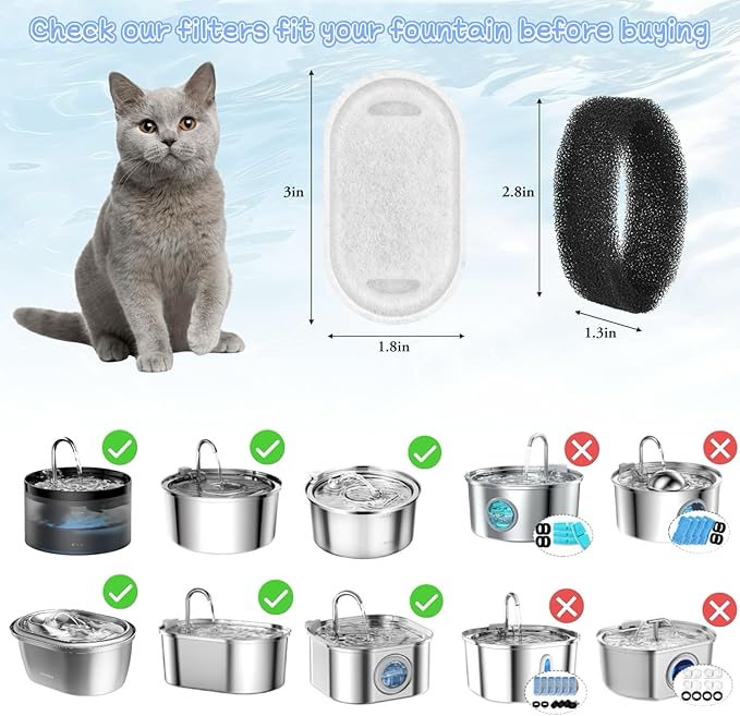 20+20 Pack Pet Water Fountain Filters, Cat Water Fountain Filters Replacement for Dog/Cat Fountain Stainless Steel 108oz/3.2L& 67oz/2L, 10 Months Set to Keep Drinking Fresh
