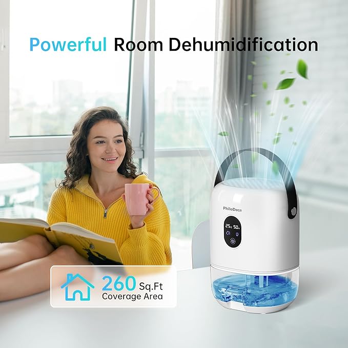 PHILODECO 280 Sq. Ft 35 OZ Dehumidifier, Portable Small Dehumidifiers for Bedroom, Bathroom, Basement,RV with CO mode, Sleep mode, Auto Shut Off, 7 Colorful Lights, White