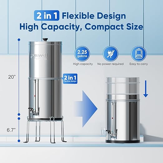 Purewell 3-Stage 0.01μm Ultra-Filtration Gravity Water Filter System, 304 Stainless Steel Countertop System with 2 Filters, Metal Water Level Spigot and Stand, Reduce 99% Chlorine, 2.25G, PW-OB-K