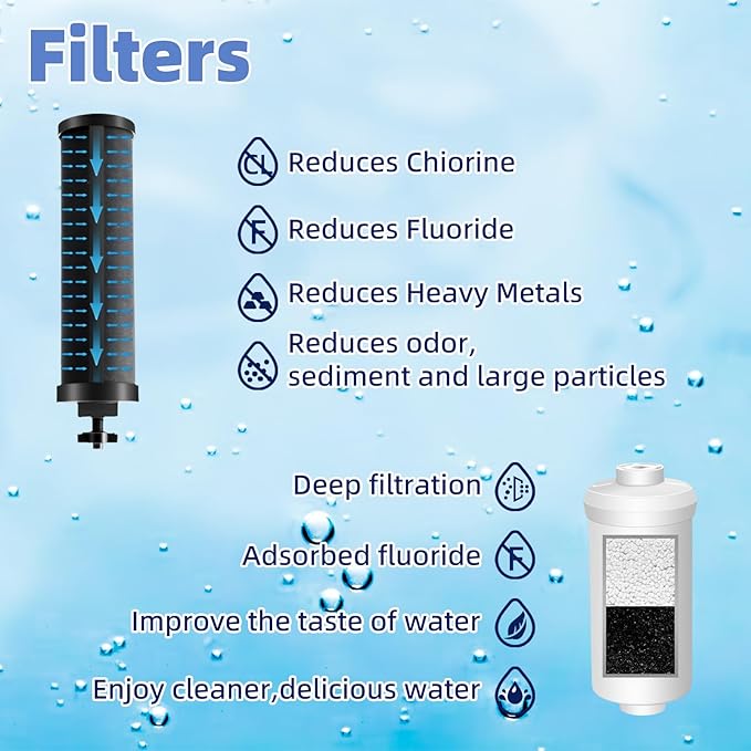 Gravity-Fed Water Filter System, Glass water filter, Glass Countertop Water Filtration Dispenser, with Wooden Stand and 2 Filters, 2.25 Gallon，for Home and Office