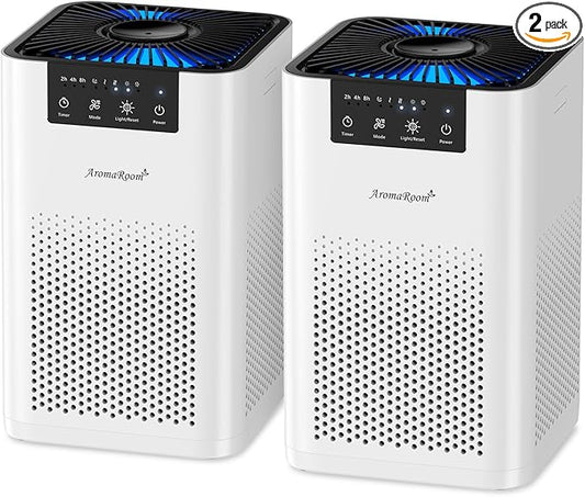 AromaRoom Air Purifiers for Bedroom, Hepa Air Purifiers for Home Pet Pee Smell with Aromatherapy, Quiet 360° Airflow Air Cleaner 3-in-1 Filter for Office, Dorm, Apartment, Kitchen, AP102-White, 2Packs