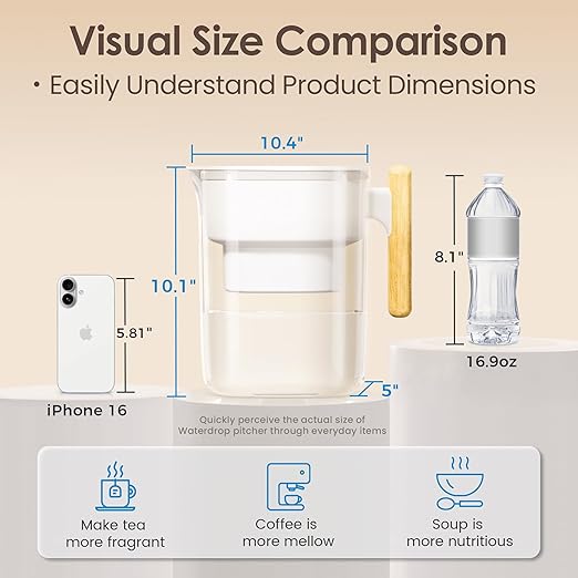 Waterdrop Water Filter Pitcher with 1 Filter, 200-Gallon Long-Life, Chubby 10-Cup Large Water Filter Pitcher, NSF Certified, 5X Times Lifetime, Reduces PFOA/PFOS, BPA Free, White