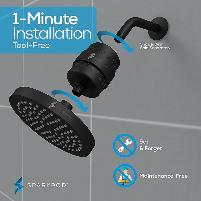 SparkPod Luxury Filtered Shower Head Set 23 Stage Shower Filter - Reduces Chlorine and Heavy Metals - High Pressure Showerhead Filter (6" Round, Midnight Black Matte)