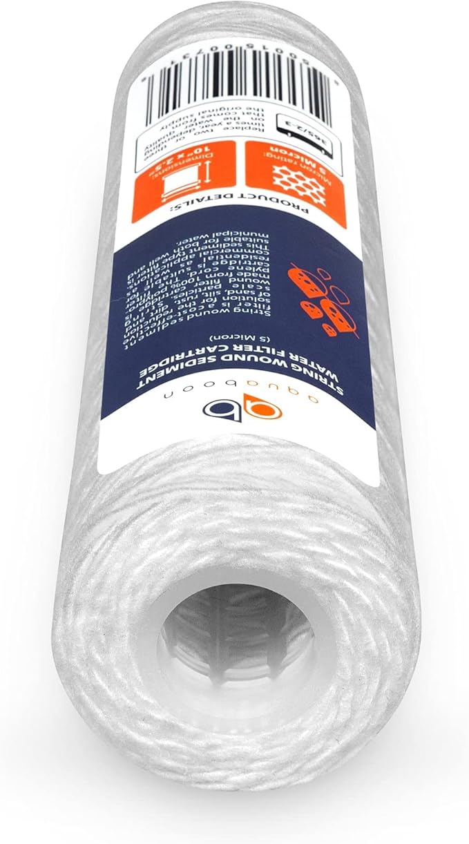 Aquaboon Whole House 5 Micron 10 x 2.5 String Wound Sediment Water Filter Cartridge Replacement Compatible with Well Water Filter WHKF-WHSW, 50-Pack