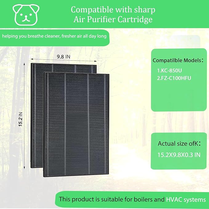 KC850U Filter Replacement Compatible With Sharp Air Purifier KC-850U Filter Activated Carbon Replacement Part # FZ-C100HFU 2 pack
