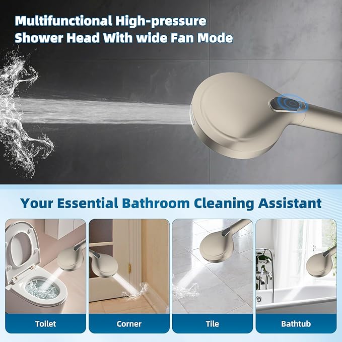 Hibbent All Metal Shower Head, 8'' High Pressure Rain Shower Head/Handheld Showerhead Combo with 16'' Adjustable Arc-shaped Extension Arm, 10 Sprays, 71'' Hose, Showerhead Holder, Brushed Nickel