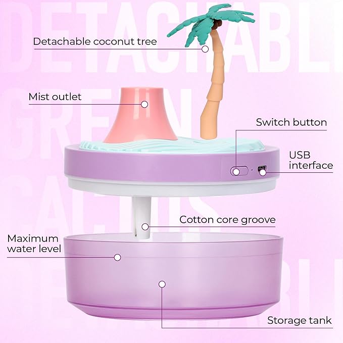 Cute Mini Humidifier, 320ml Coconut Tree Desktop Humidifiers for Bedroom, Portable Small Cool Mist Humidification for Home, Baby Nursery, Office & Indoor Plants, USB Powered