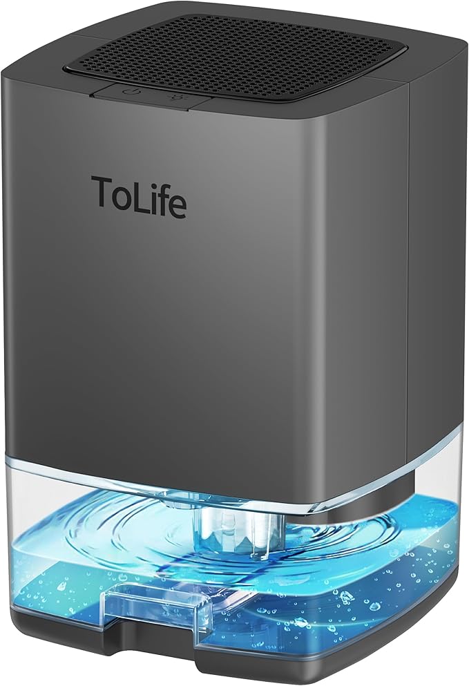 ToLife Dehumidifiers for Home 30 OZ Water Tank with Auto-Off 500 sq.ft Portable Small Dehumidifier for Bathroom Bedroom RV Closet Room 7 Colors LED Light, Gray